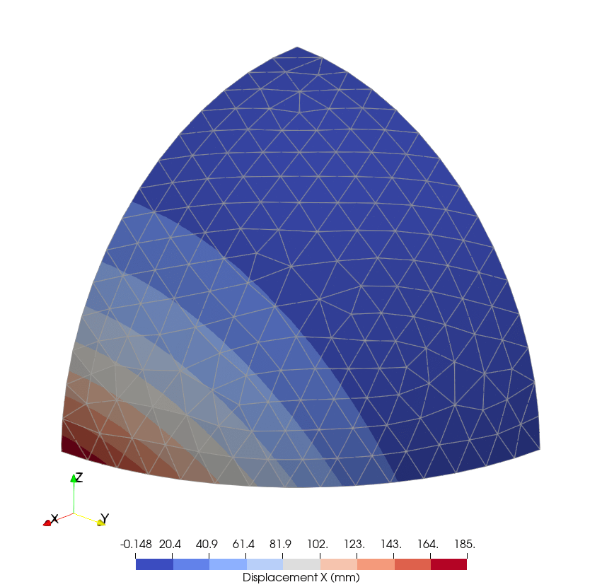 LE3: Hemisphere Shell meshed with NetGen, calculated with CalculiX